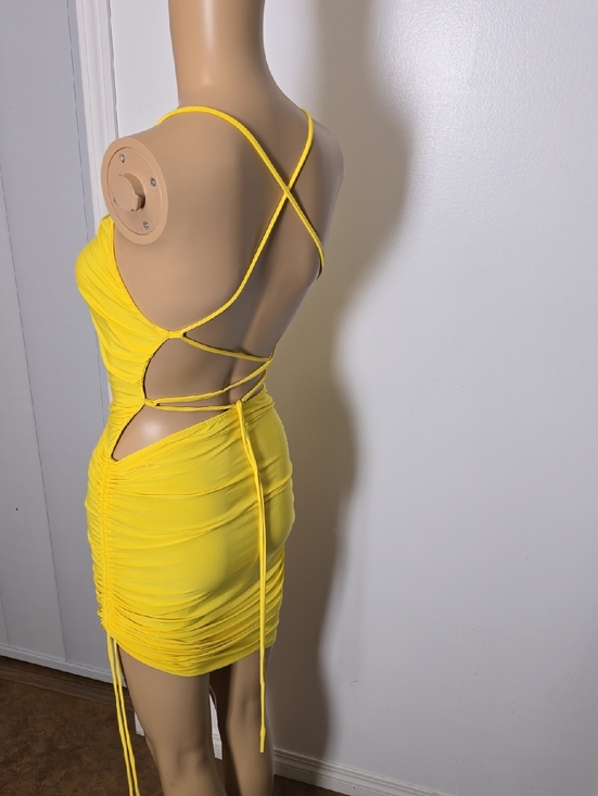 Yellow Ruched Spaghetti-Strap Dress - XS - Picture 3 of 4